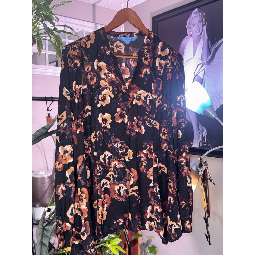 Simply Vera Vera Wang Blouse WomenXL Black Orange Floral Long Sleeve V-Neck Top - Picture 2 of 10
